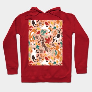 Autumn joy // pattern // flesh coral background cats dancing with many leaves in fall colors Hoodie